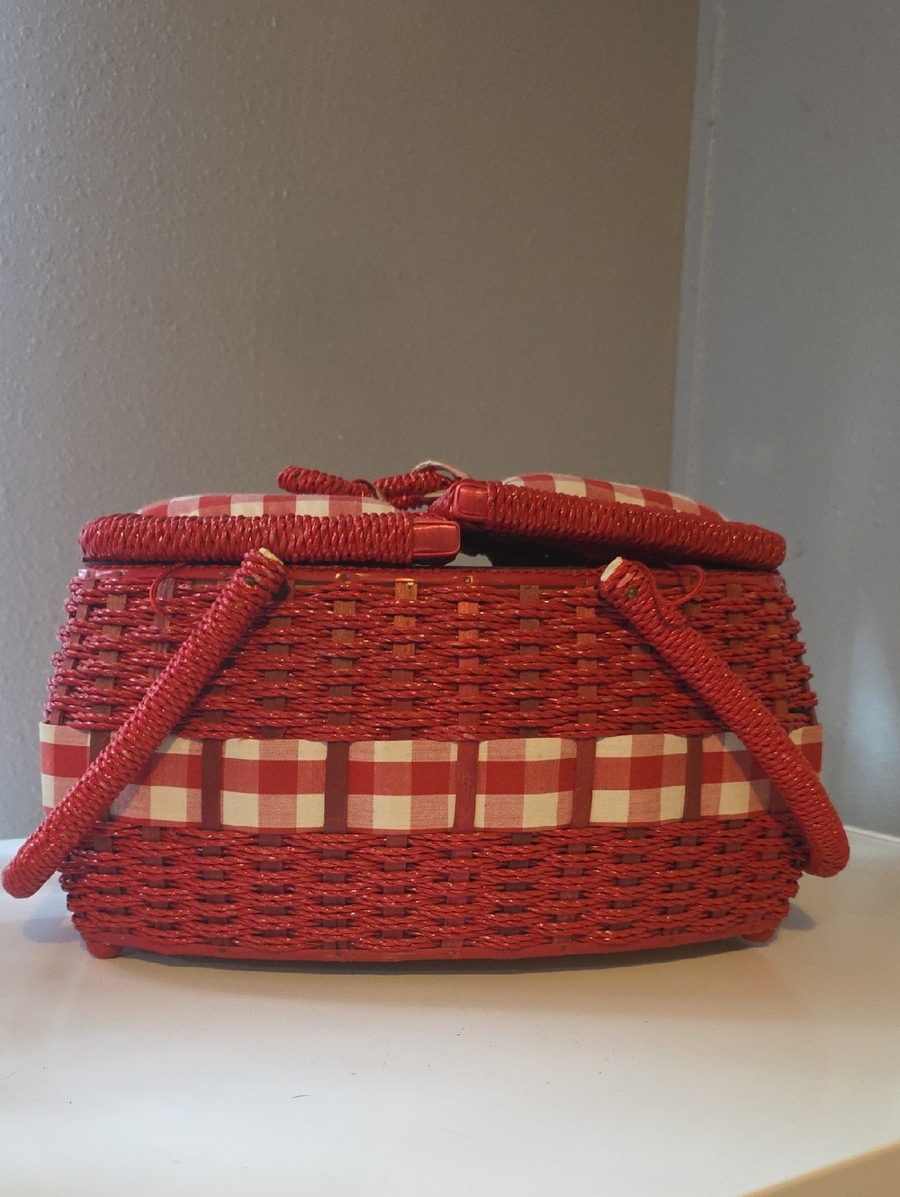 Vintage Made In Japan JC Penny Red Woven Wicker Sewing Tote Basket